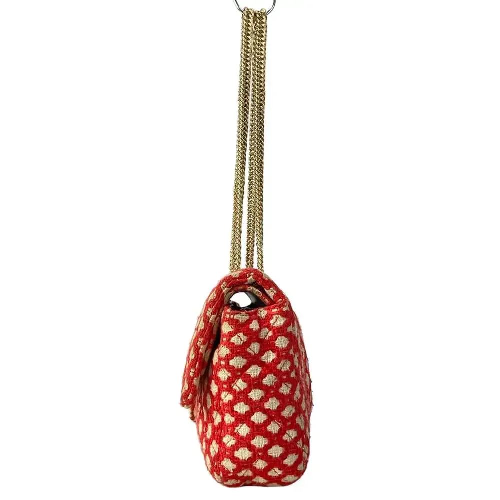 Chanel Double Flap Matelasse Shoulder Bag Red Cream Gold Tweeds Hardware